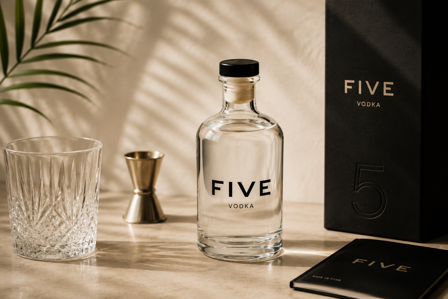 FIVE vodka bottle with gift box in warm sunlight