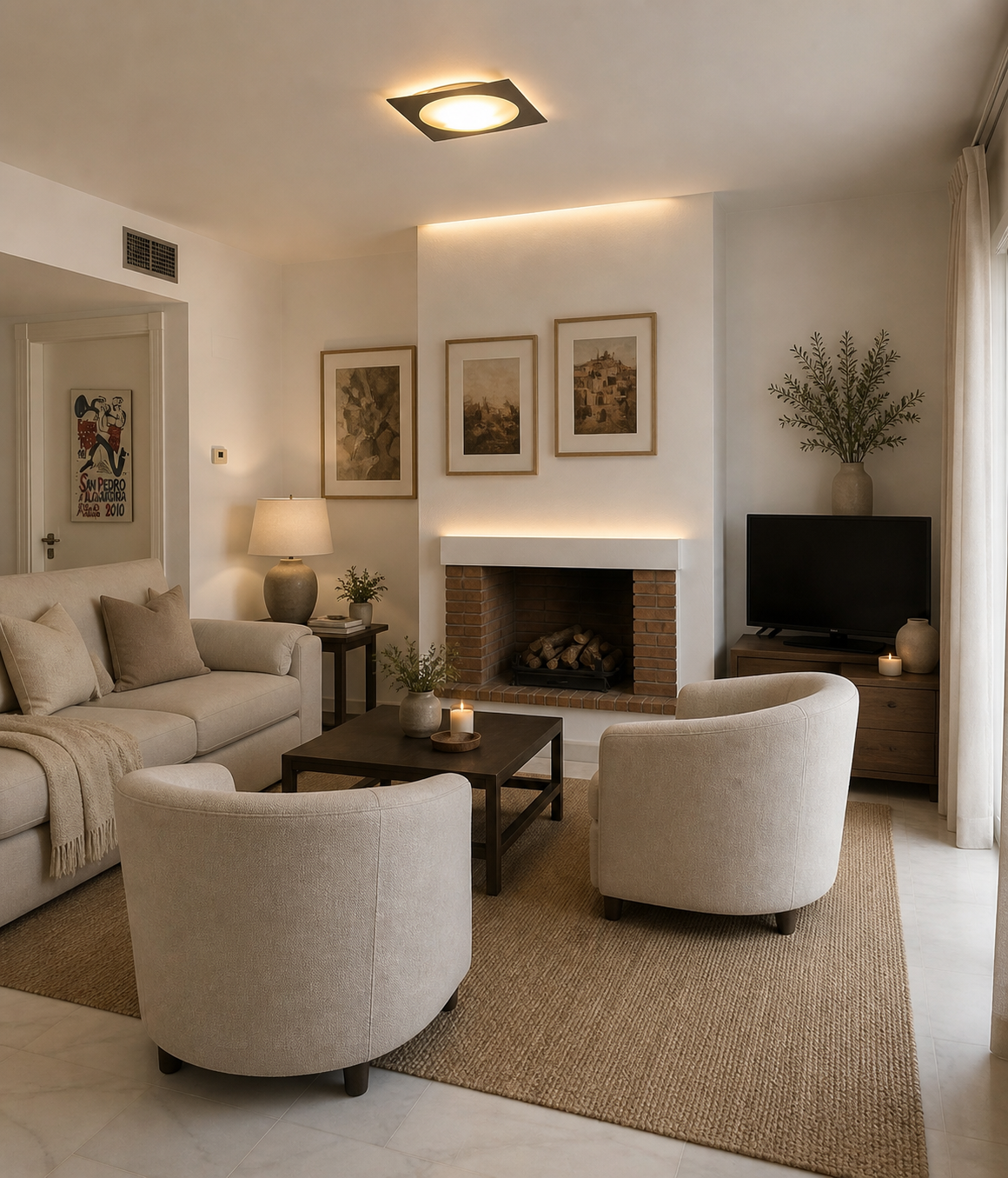 Living room with fireplace, linen sofas and warm lamps