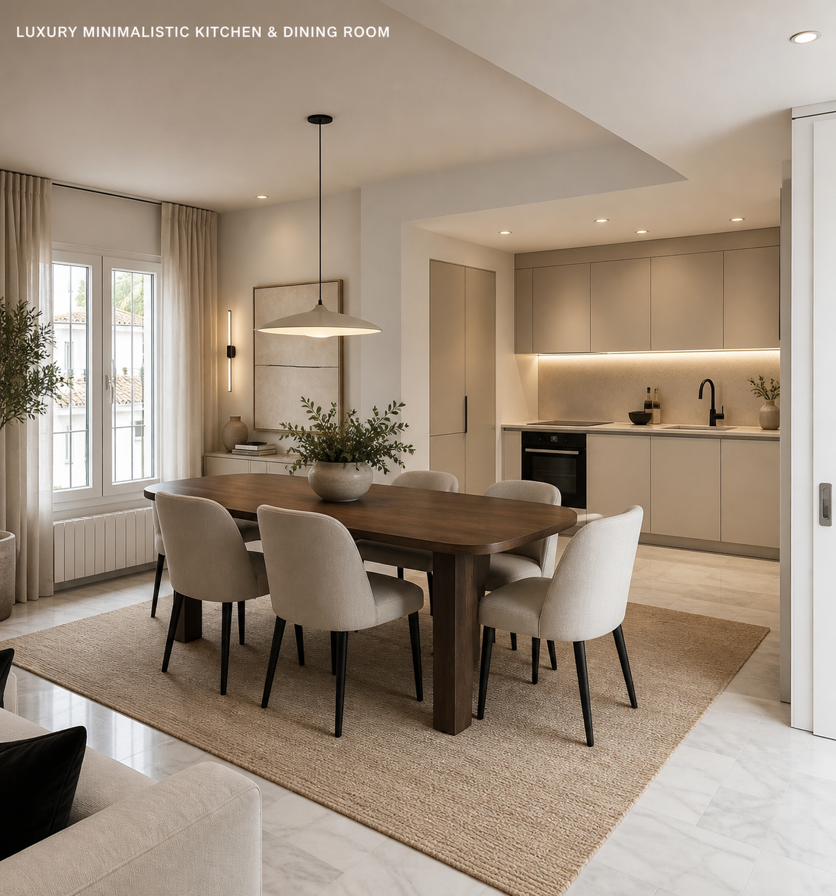 Minimalist kitchen and wooden dining table with linen chairs