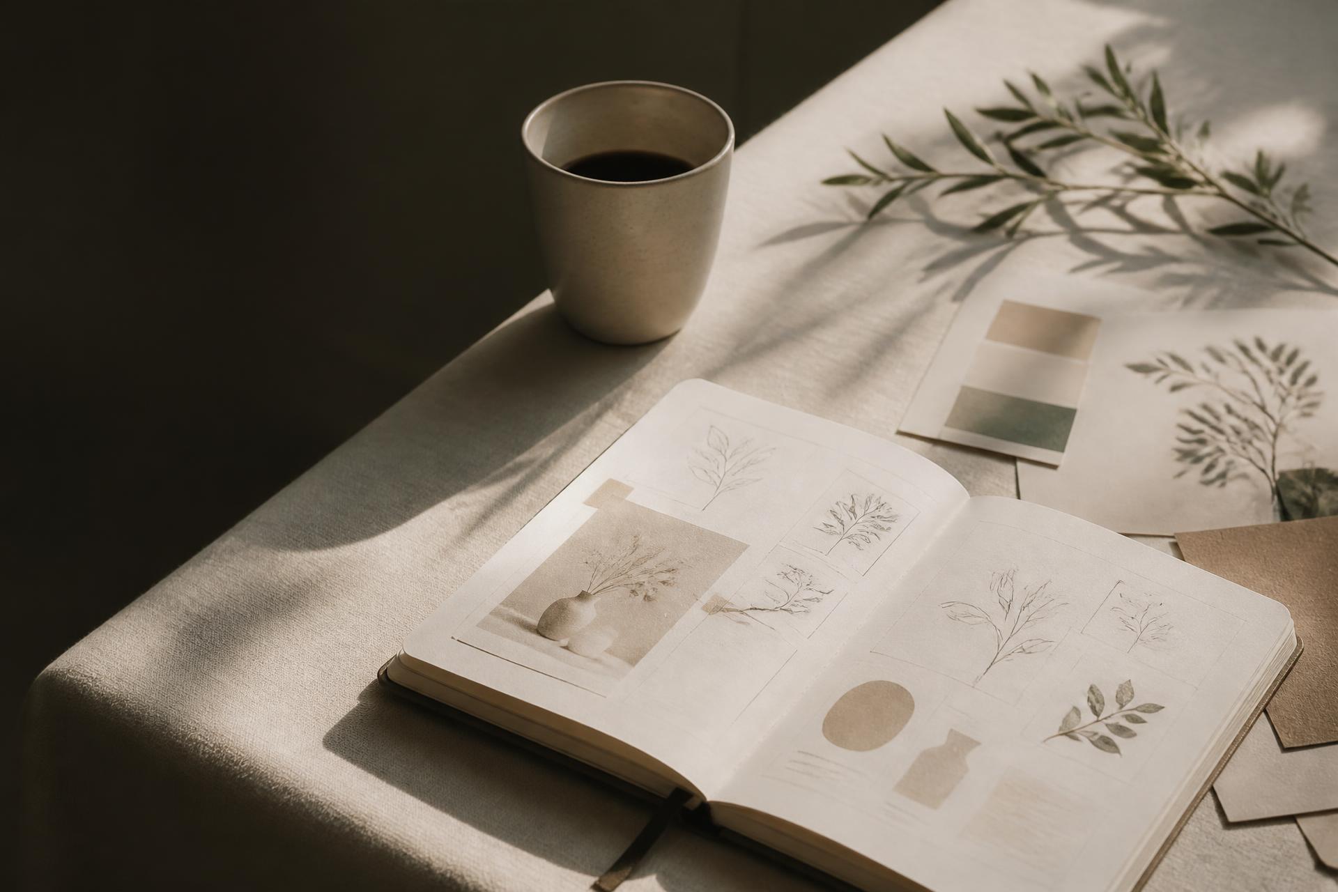 Minimal Scandinavian creative studio desk with brand sketches in morning light